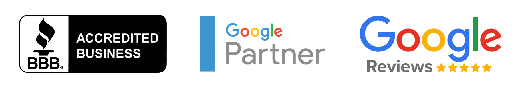 BBB Accredited Business, Google Partner, and 5-star Google reviews